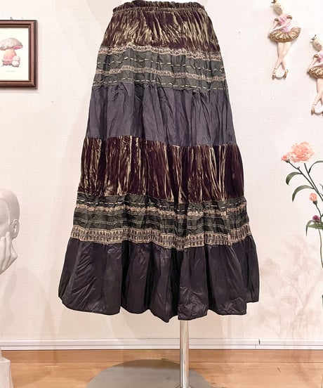 Vintage Brown Velour & Black Wrinkle Design Ruffle Long Skirt M
