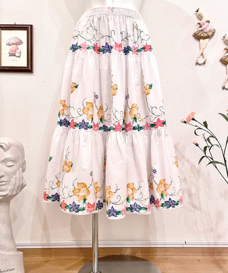 Vintage Flower Print White Ruffle Design Long Skirt S