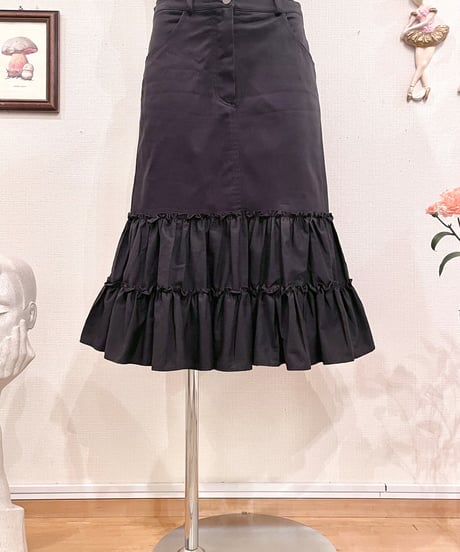 Vintage Black Frill Design Midi Skirt M