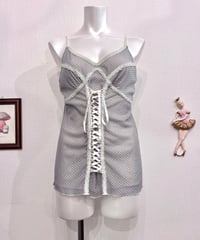 Vintage Lace Up Design Dot Sheer Camisole Top M