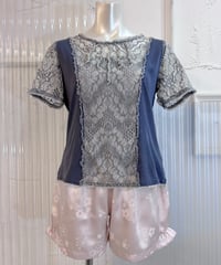 Vintage Blue Gray Lace & Fringe Design Top M