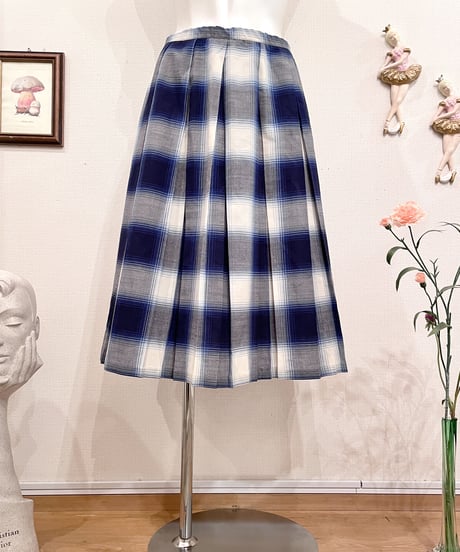Vintage Blue & White Shadow Check Hand Made Midi Pleats Skirt M