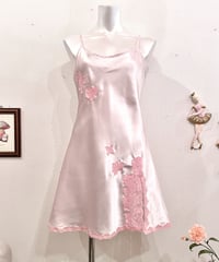 Vintage Floral Lace Design Pink Satin Camisole Dress M