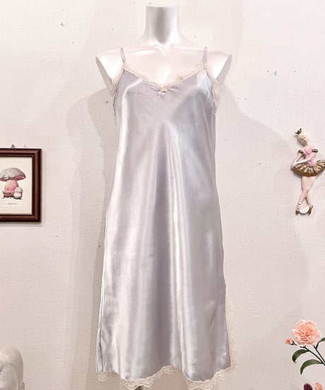 Vintage Lace Design Silver Satin Camisole Dress M