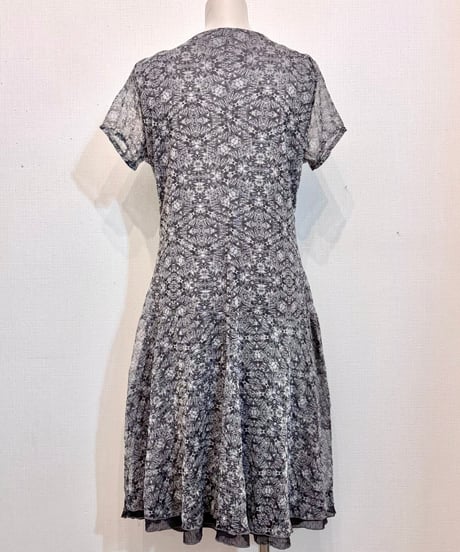 Vintage Gray Brown Geometric Print Zipper & Frill Design Onepiece L