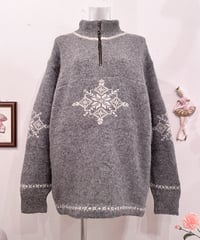 Vintage Gray & White Half Zip Design Nordic Knit Sweater L