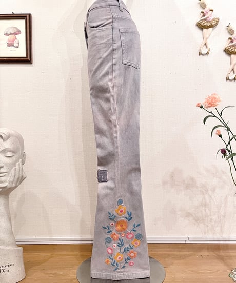 Vintage Flower Embroidery Design Pink Overdyed Denim Wide Flare Pants S