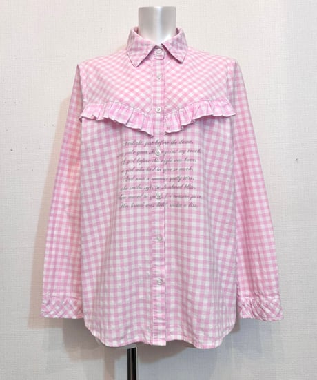 Vintage/Remake Baby Pink Gingham Check Poetry Print Frill Shirt M
