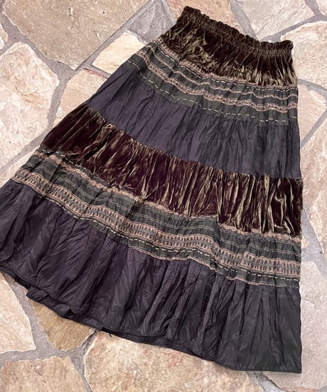 Vintage Brown Velour & Black Wrinkle Design Ruffle Long Skirt M