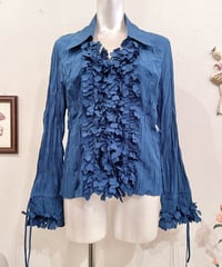 Vintage Blue Green Heart Frill Design Wrinkle Shirt M