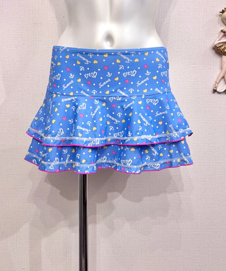 Vintage Light Blue Heart & Dot Design Ballet Frill Mini Skirt S