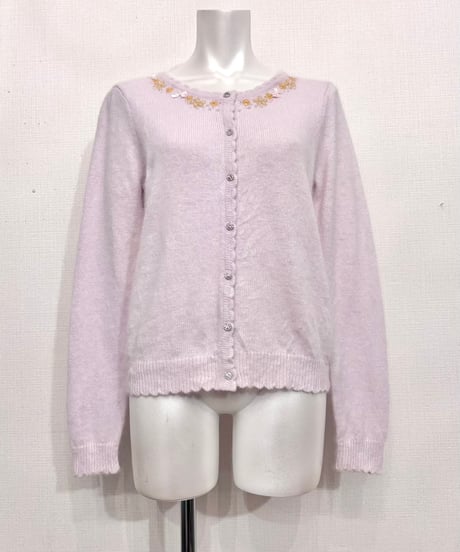 Vintage Ribbon & Beads Design Knit Cardigan S