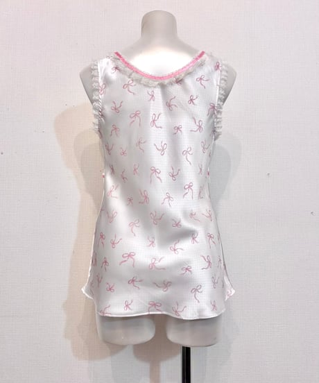 White & Pink Ribbon Frill Lace Design Satin Top M