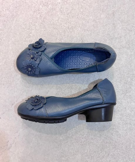Vintage 3D Flower Design Emerald Blue Leather Heels 26.0cm