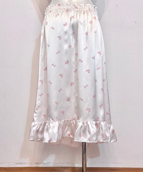 Baby Pink Ribbon & Dot Frill Design Satin Wrap Skirt M