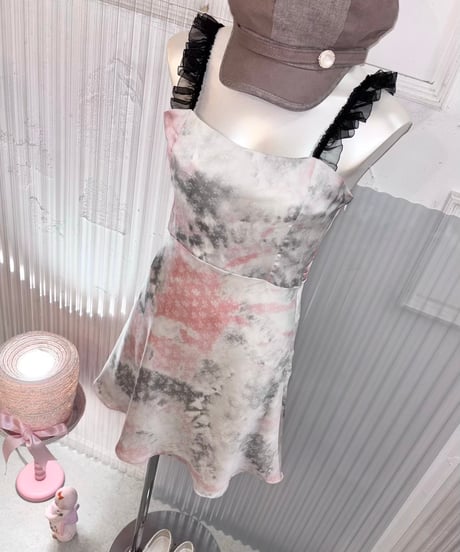 Vintage Pale Abstract Frill Strap Design Satin Onepiece M