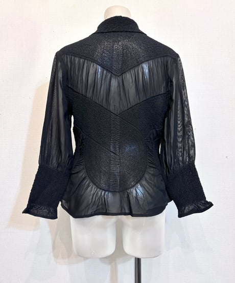 Vintage Wrinkle Pleats Design Sheer Shirt S