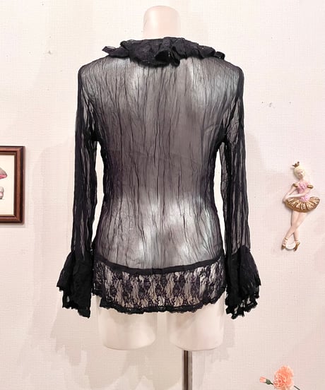 Vintage Sequin & Lace Frill Sheer Design Top S