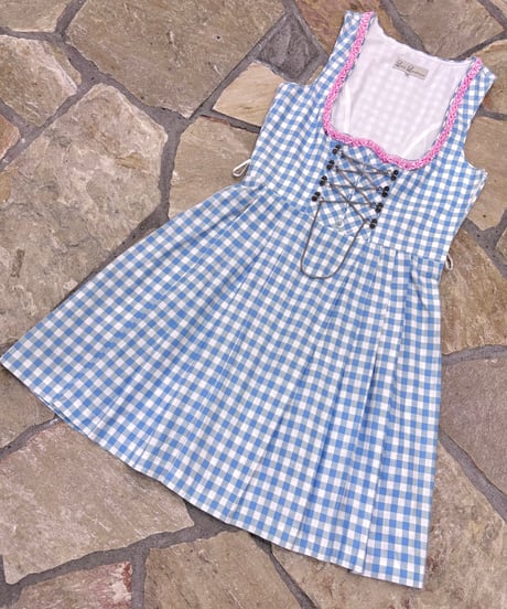 Vintage Blue Gingham Check & Pink apron Design Dirndl Dress M