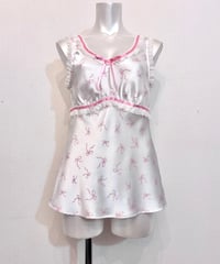 White & Pink Ribbon Frill Lace Design Satin Top M