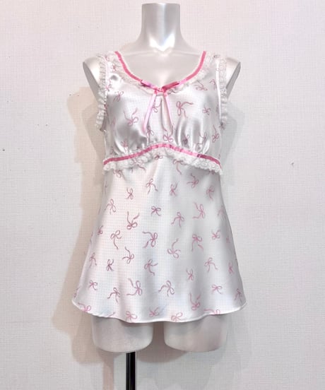 White & Pink Ribbon Frill Lace Design Satin Top M