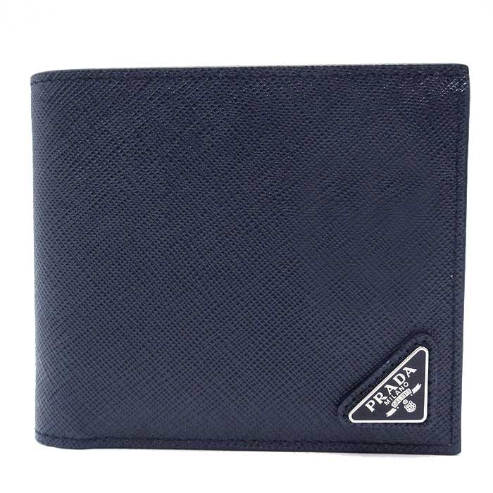 プラダ PRADA PORTAF.ORIZZONTALE 2MO513 角斜めロゴ コンパクトウォレット 2つ折り財布 グレインレザー BALTICO+VERDE ネイビーブルー/グリーン 新品同様 ✨プラダ 二つ折り財布(小銭入れ無し) PRADA PORTAF.G.ORIZZONTALE