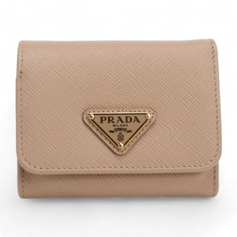 PRADA 三つ折り財布 ベージュ 箱付き プラダ PRADA 財布 三つ折り財布 折りたたみ財布 小銭入れ付き