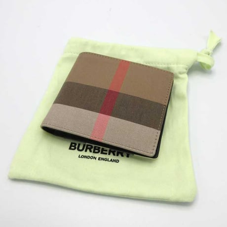 バーバリー 二つ折り財布(小銭入れあり) BURBERRY LONDON コットン レザー チェック柄 8084565 TAUPE BROWN アウトレット メンズ