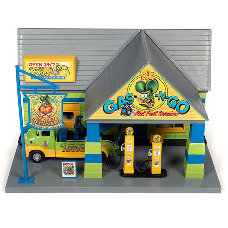 AUTO WORLD 1:48 RAT FINK Garage with 1:32 Tow T