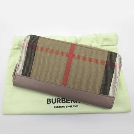 バーバリー 長財布 BURBERRY レザー コットン チェック柄 ジップアラウンド ウォレット 8084517 GREY MINK ブティック レディース