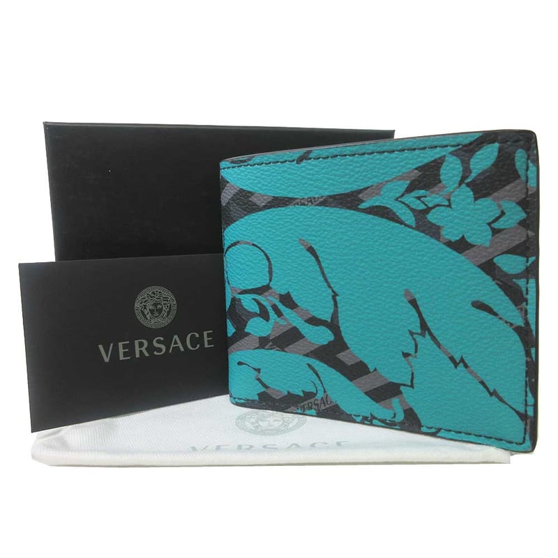 VERSACE 好 緑 レザー 二つ折り財布
