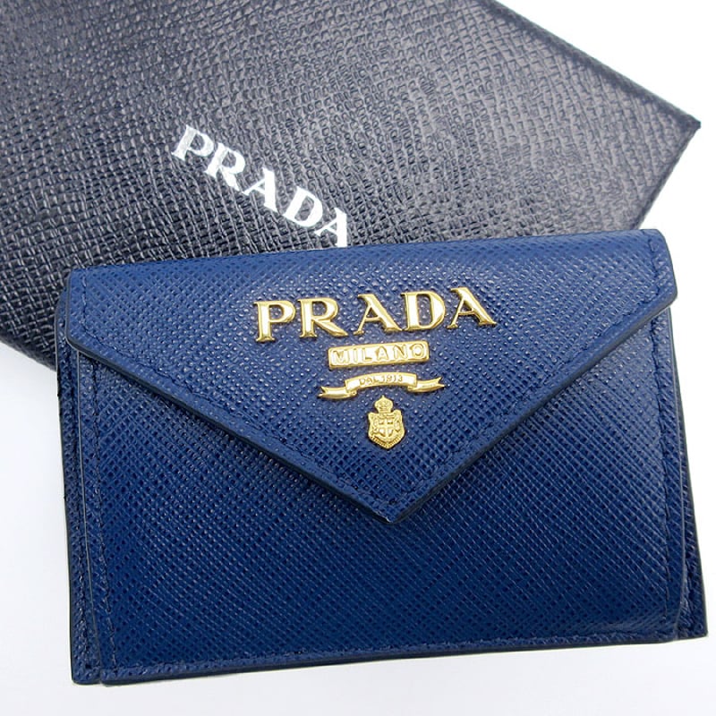 箱付 PRADA プラダ1MH021 3つ折り財布 コンパクトウォレット 青