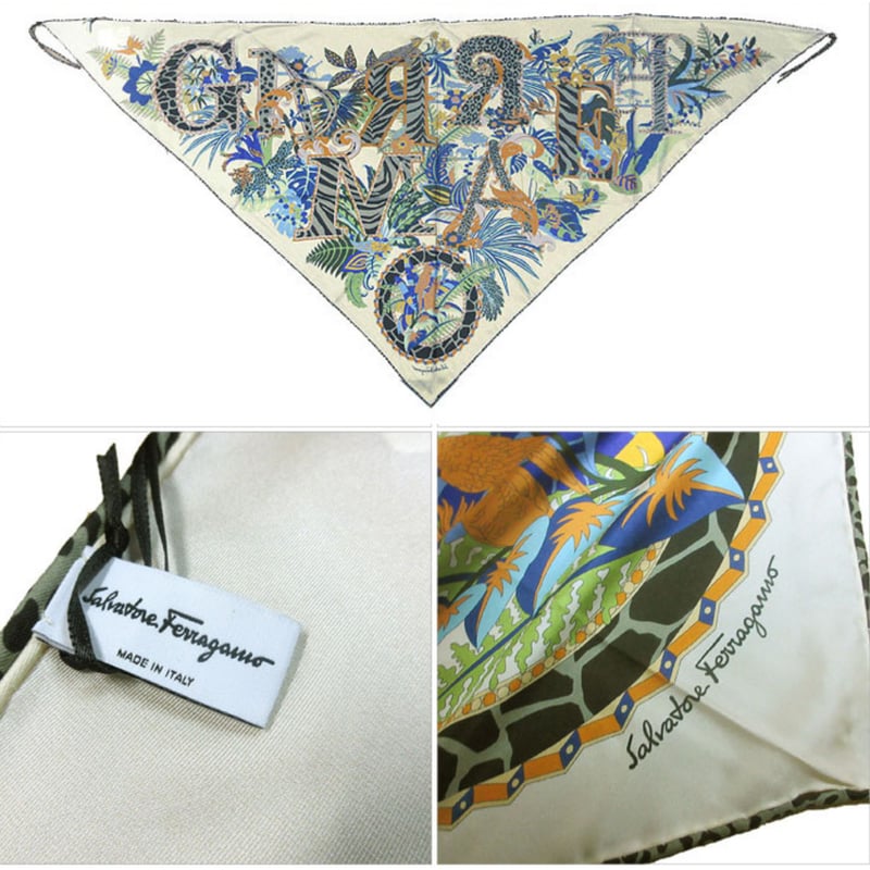フェラガモ スカーフ Salvatore Ferragamo シルク100% 三角形 フリンジ