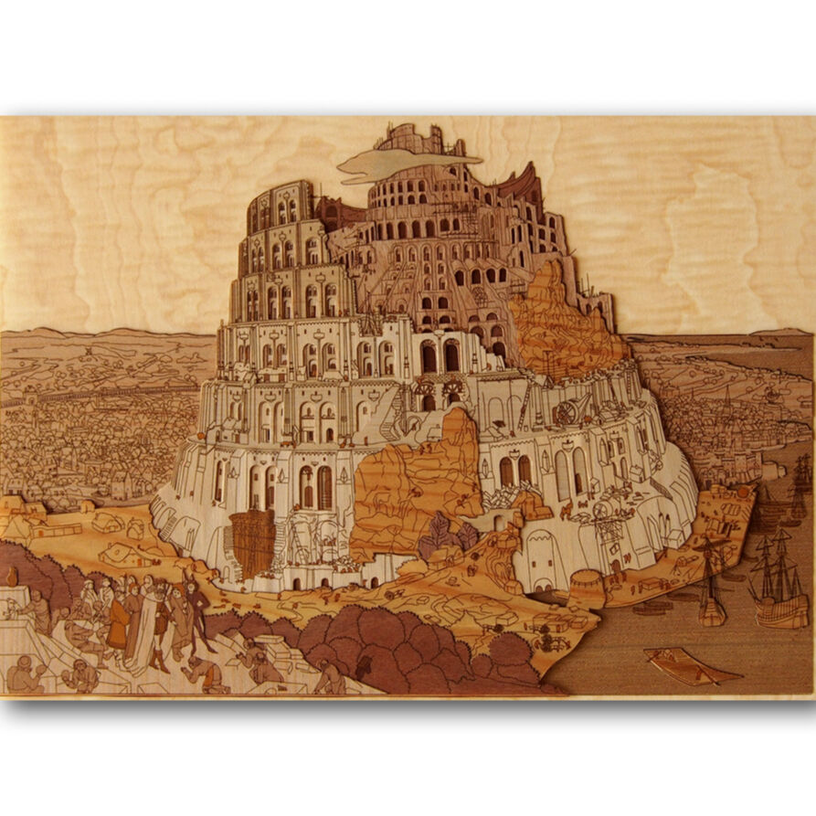 【木はり絵】バベルの塔 木はり絵アート「バベルの塔Ⅱ」 （額縁入り完成品）- 木製切り