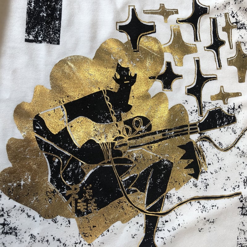 橇T shirt オフホワイト台×金箔プリント×黒 | 原田茶飯事WEB SHOP
