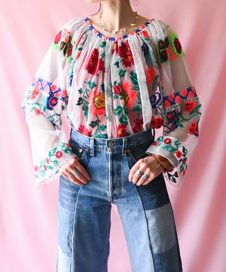 【tiny yearn】Romanian Vintage Embroidered Tulle Blouse