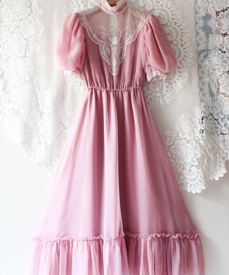 【Seek an nur】Lace Puff sleeve Sheer Long Dress