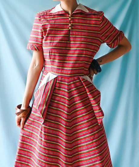 【tiny yearn】1950~60's Multi Border Flare Dress