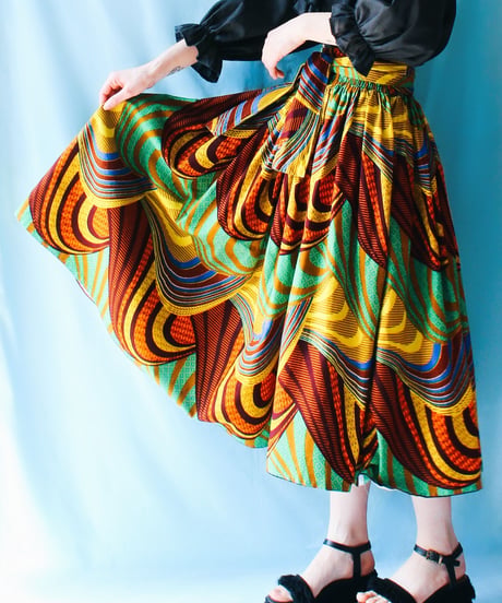 【tiny yearn】African batik Ribbon Flare Skirt