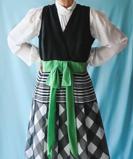 【tiny yearn】1970's Ribbon Sheer Check Maxi Dress