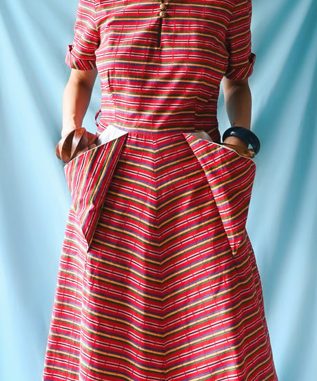 【tiny yearn】1950~60's Multi Border Flare Dress