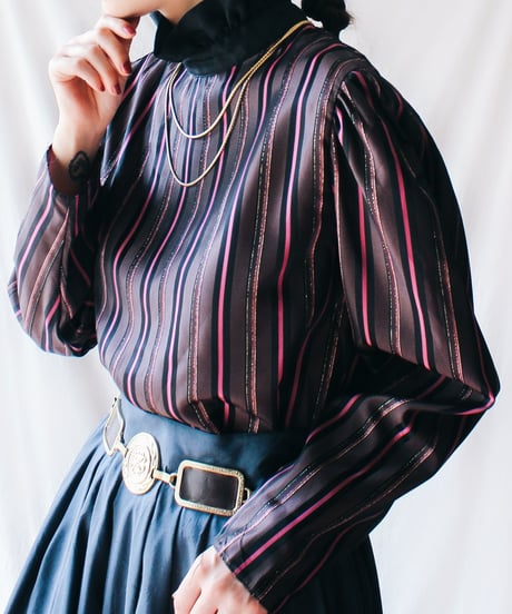 【Seek an nur】Euro Metallic Multi Stripe Blouse
