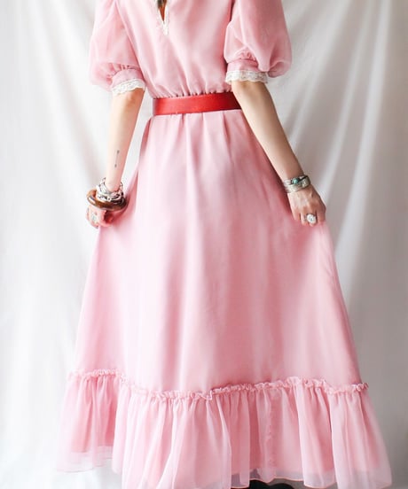 【Seek an nur】Lace Puff sleeve Sheer Long Dress