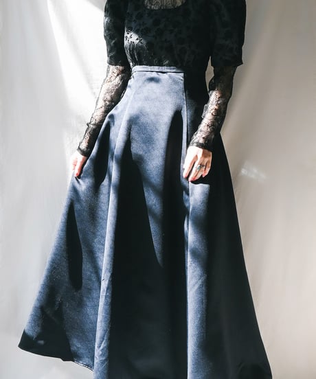 【Seek an nur】Floral Puff Sleeve Black Satin Maxi Dress