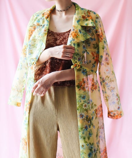 【tiny yearn】1970's Floral Sheer Maxi Dress Gown
