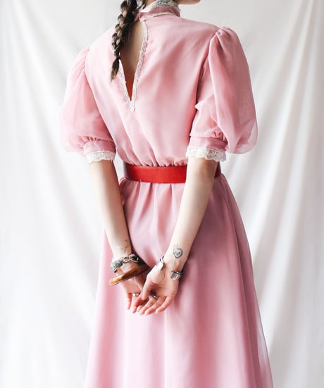 【Seek an nur】Lace Puff sleeve Sheer Long Dress