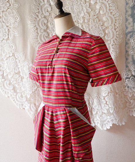 【tiny yearn】1950~60's Multi Border Flare Dress