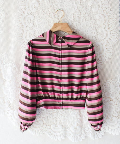【tiny yearn】Vintage Multi Boarder Scarf Collar Blouse