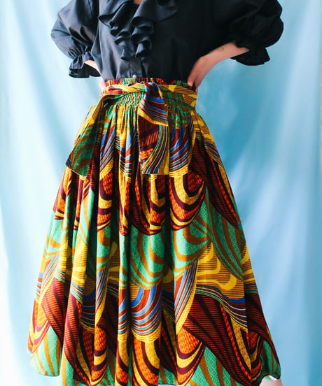 【tiny yearn】African batik Ribbon Flare Skirt