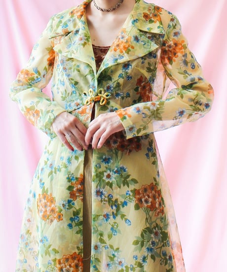 【tiny yearn】1970's Floral Sheer Maxi Dress Gown
